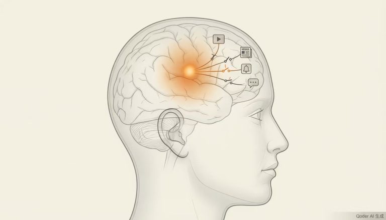侧脑轮廓剪影，前额叶区域橙色高亮，连接短视频和通知图标